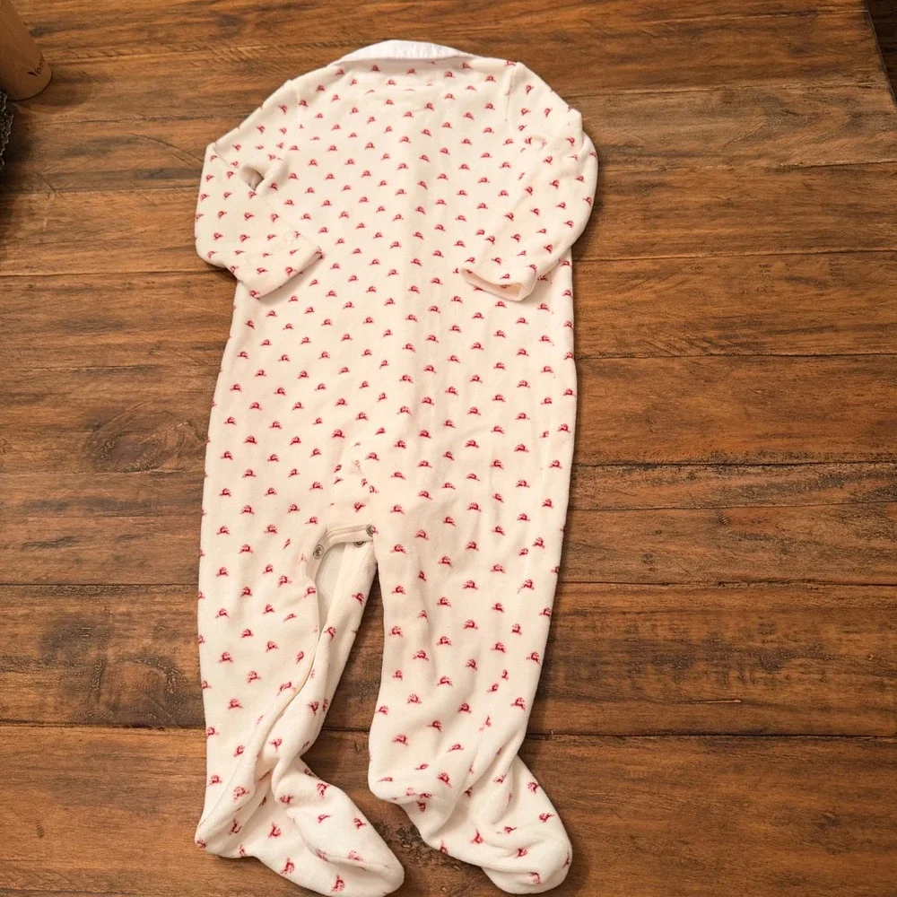 Ralph Lauren Baby 9M Reindeer Velour Footed Sleeper Cream Red Peter Pan Collar